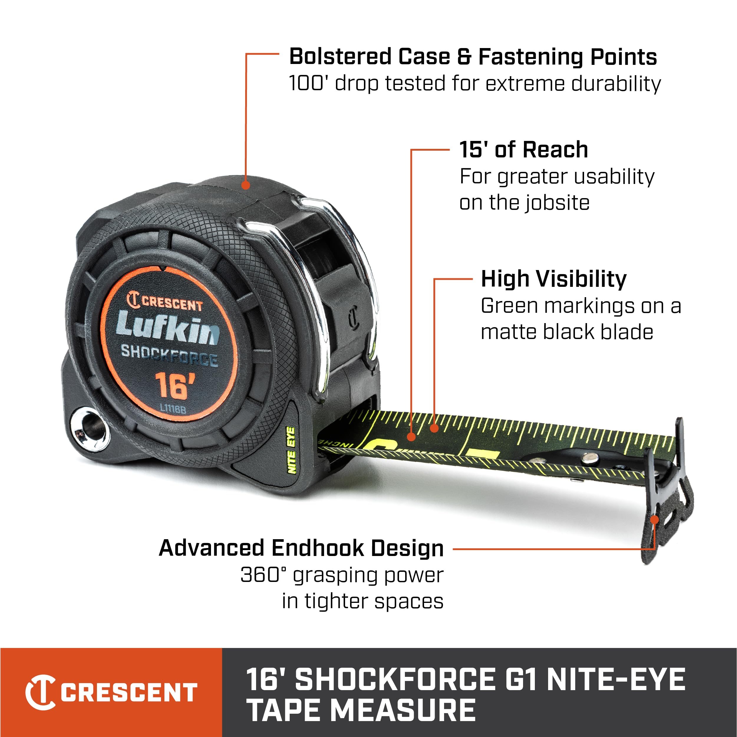 Crescent Lufkin 1-3/16" x 16' Shockforce Nite Eye G1 Dual Sided Tape Measure - L1116B