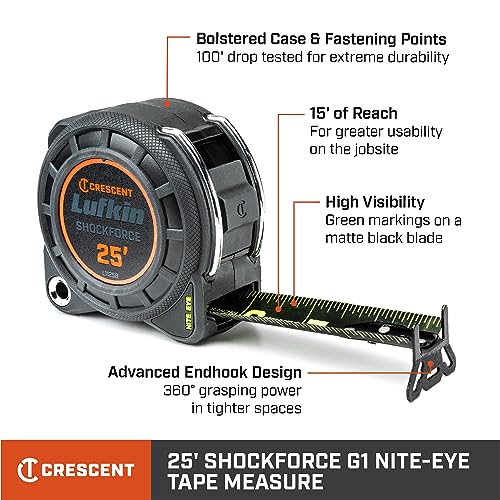 Lufkin 1-3/16" x 25' Shockforce Nite Eye G1 Dual Sided Tape Measure