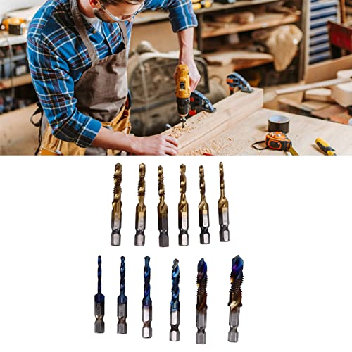 12Pcs Combined Tap Drill Bit Set HSS Metric Blue Plating Imperial Ti Plated 1/4in Hex Shank Combined Threading Drill Bit Set Drillbits