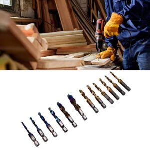 12Pcs Combined Tap Drill Bit Set HSS Metric Blue Plating Imperial Ti Plated 1/4in Hex Shank Combined Threading Drill Bit Set Drillbits