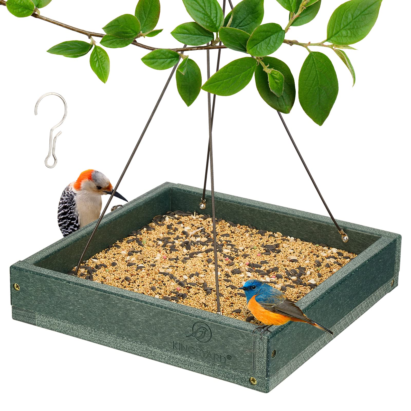 Kingsyard Platform Bird Feeder for Outside, Recycled Plastic Hanging Tray Bird Feeders with Large Capacity 3.5 lbs, Premium Quality & Durable, Great for Attracting Wild Birds, Green