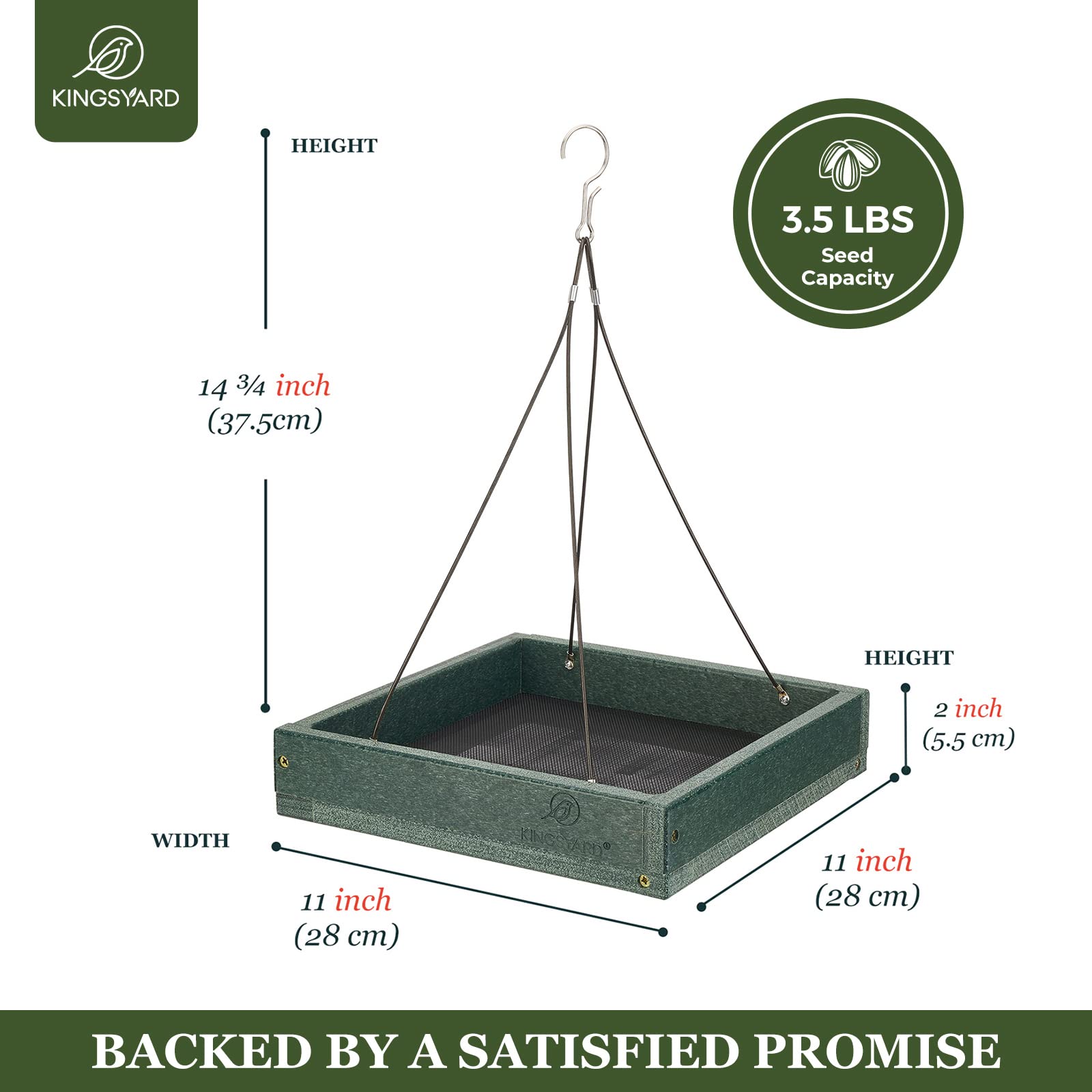 Kingsyard Platform Bird Feeder for Outside, Recycled Plastic Hanging Tray Bird Feeders with Large Capacity 3.5 lbs, Premium Quality & Durable, Great for Attracting Wild Birds, Green