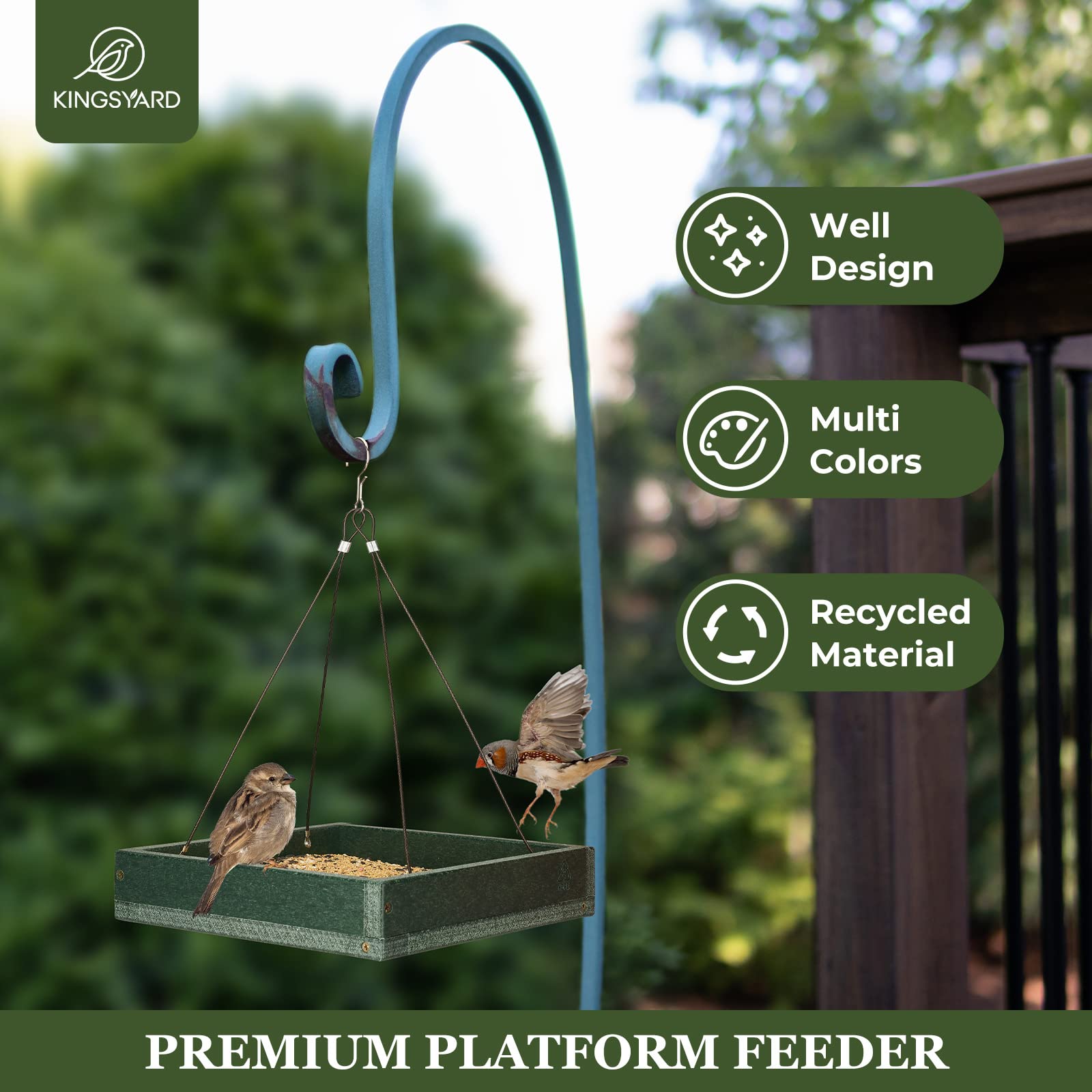 Kingsyard Platform Bird Feeder for Outside, Recycled Plastic Hanging Tray Bird Feeders with Large Capacity 3.5 lbs, Premium Quality & Durable, Great for Attracting Wild Birds, Green