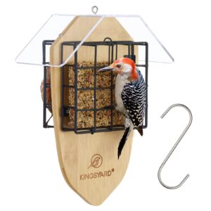 kingsyard double suet bird feeder with tail-prop & weatherproof roof, metal cage suet feeders for outside hanging, great for woodpecker, chickadee, nuthatch