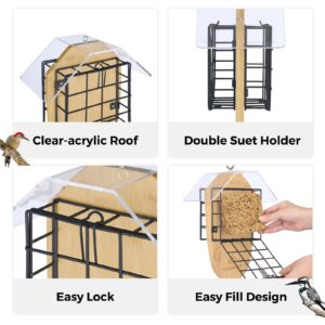 Kingsyard Double Suet Bird Feeder with Tail-Prop & Weatherproof Roof, Metal Cage Suet Feeders for Outside Hanging, Great for Woodpecker, Chickadee, Nuthatch