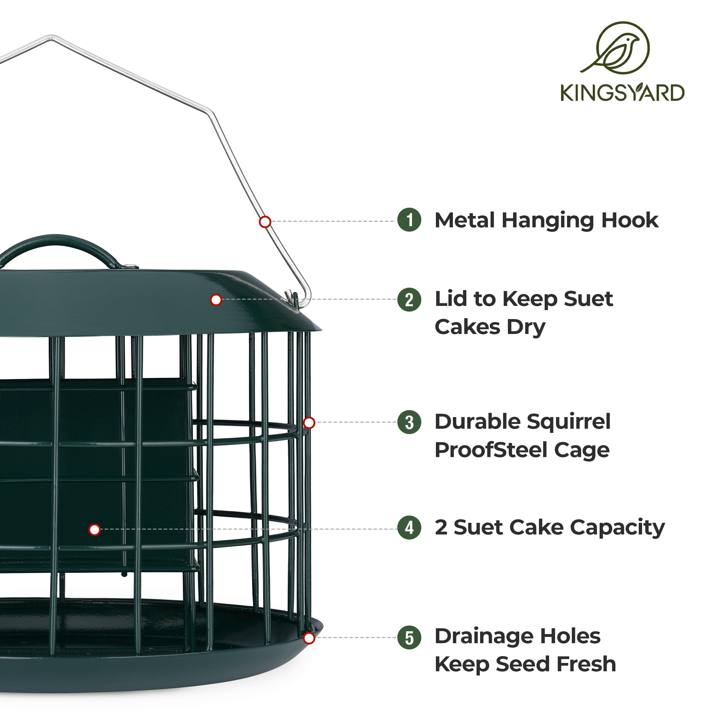 Kingsyard Squirrel Proof Suet Feeder, Cage Bird Feeders for Outdoors Hanging, All Metal, Double Suet Cake Capacity, Tray & Weatherproof, Green