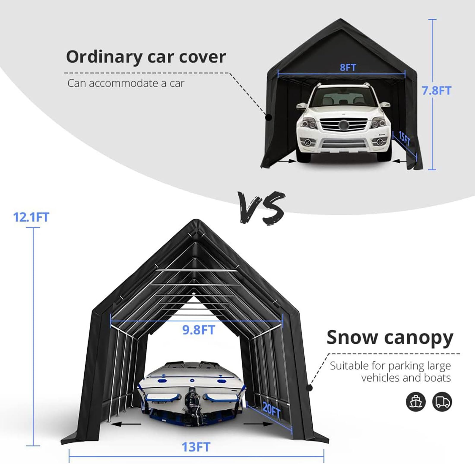 KING BIRD 13' x 20' x 12' Heavy Duty Anti-Snow Carport for SUV, Full-Size Truck and Boat, Outdoor Car Canopy Boat Shelter with Reinforced Ground Bars-Dark Gray