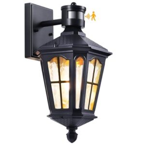 xangqan outdoor wall light fixture with motion sensor and dusk-to-dawn sensor, waterproof and anti-rust aluminum exterior sconce with tempered water ripple glass, for house garage and porch.