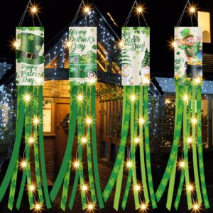 4 Pieces St. Patrick's Day Windsock with LED Light String 40 Inch Green Shamrock Truck Gnome Hat Pattern Windsock Happy St. Patrick's Day Outdoor Hanging Windsocks and Flags Wind Sock for Yard Decor