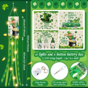 4 Pieces St. Patrick's Day Windsock with LED Light String 40 Inch Green Shamrock Truck Gnome Hat Pattern Windsock Happy St. Patrick's Day Outdoor Hanging Windsocks and Flags Wind Sock for Yard Decor