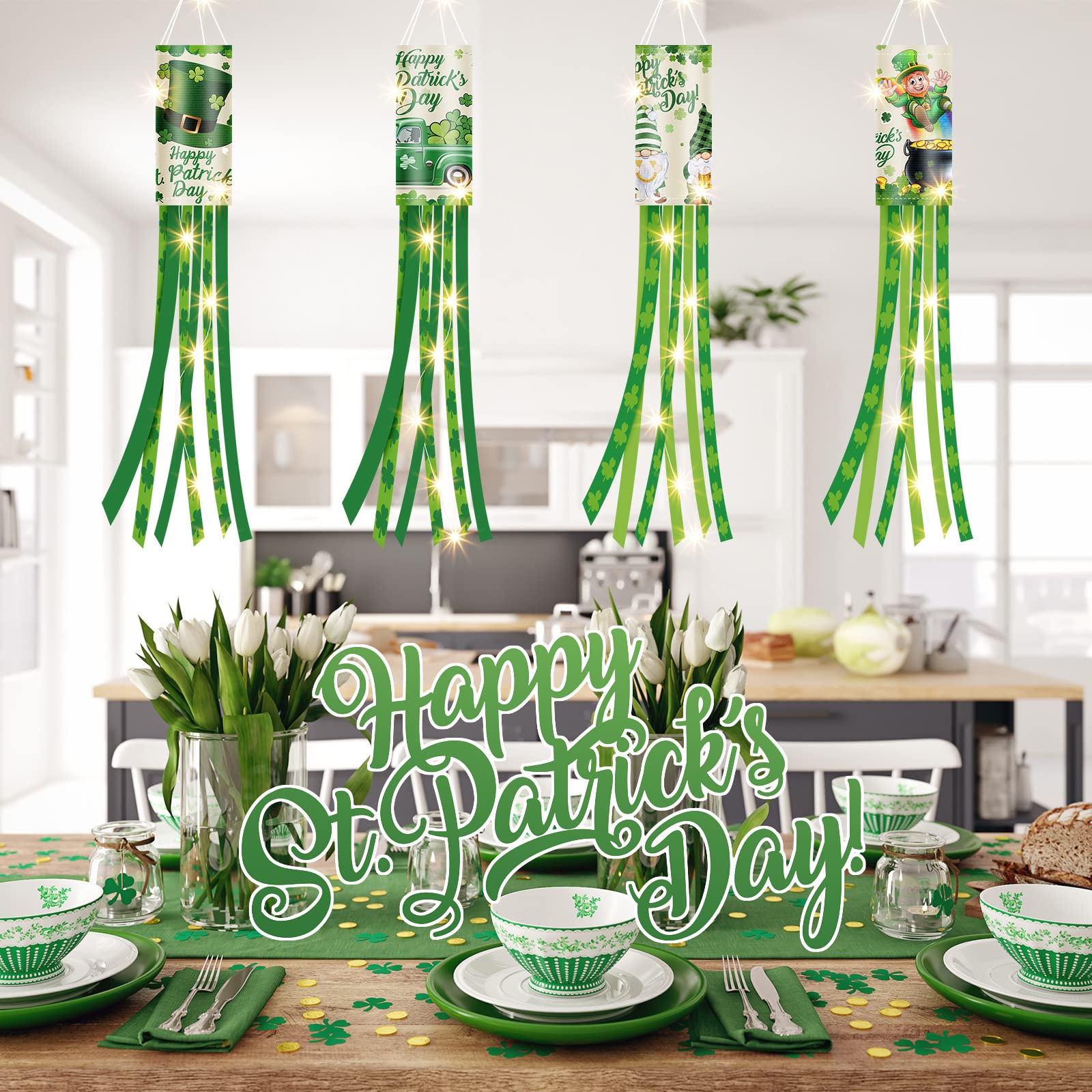 4 Pieces St. Patrick's Day Windsock with LED Light String 40 Inch Green Shamrock Truck Gnome Hat Pattern Windsock Happy St. Patrick's Day Outdoor Hanging Windsocks and Flags Wind Sock for Yard Decor