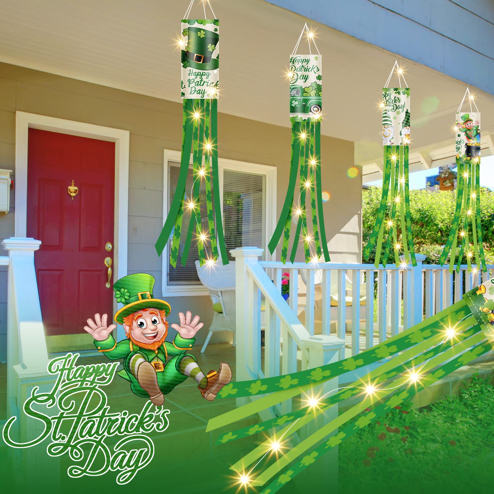 4 Pieces St. Patrick's Day Windsock with LED Light String 40 Inch Green Shamrock Truck Gnome Hat Pattern Windsock Happy St. Patrick's Day Outdoor Hanging Windsocks and Flags Wind Sock for Yard Decor