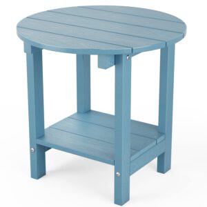 mximu round outdoor side table adirondack tables 18 inch chairside end tables with storage shelf, 2-tier plastic patio side table for balcony backyard lawn (blue, 1 pack)
