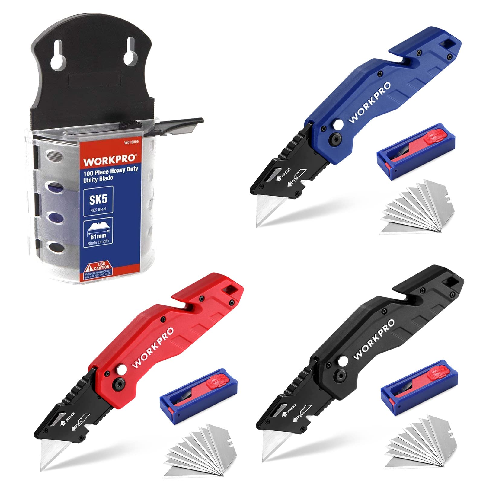 WORKPRO Utility Knife Blades, 100-Pack SK5 Utility Blades & WORKPRO 3-Piece Folding Utility Knife (Blue/Black/Red)