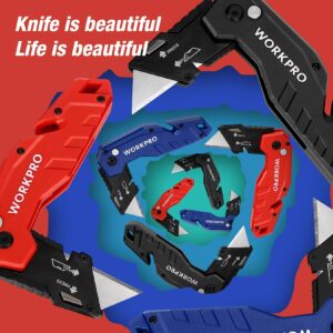 WORKPRO Utility Knife Blades, 100-Pack SK5 Utility Blades & WORKPRO 3-Piece Folding Utility Knife (Blue/Black/Red)