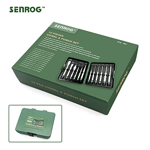 SENROG 12 Pieces Punch and Chisel Set, Alloy Steel 60Cr-v Made Punch Set, Mirror Surface and Chroming Gunsmith Punch Set, Including Flat Chisels, Taper Punch, Pin Punch Set, Center Punch, Cape Punch