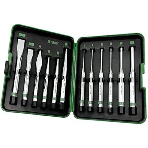 senrog 12 pieces punch and chisel set, alloy steel 60cr-v made punch set, mirror surface and chroming gunsmith punch set, including flat chisels, taper punch, pin punch set, center punch, cape punch