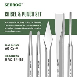 SENROG 12 Pieces Punch and Chisel Set, Alloy Steel 60Cr-v Made Punch Set, Mirror Surface and Chroming Gunsmith Punch Set, Including Flat Chisels, Taper Punch, Pin Punch Set, Center Punch, Cape Punch