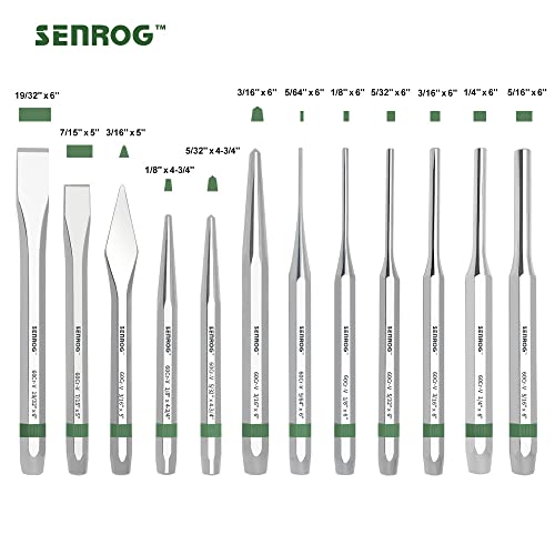 SENROG 12 Pieces Punch and Chisel Set, Alloy Steel 60Cr-v Made Punch Set, Mirror Surface and Chroming Gunsmith Punch Set, Including Flat Chisels, Taper Punch, Pin Punch Set, Center Punch, Cape Punch