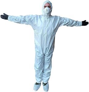 hazmat suit, chemical protective coverall, category iii, type a, microporous material, taped seams, attached hood, elastic wrists and ankles, zipper