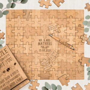 wedding guest book alternative jigsaw puzzle personalized guestbook | laser engraved wooden pieces for party engagement reception anniversary (104 piece - capital letter font)