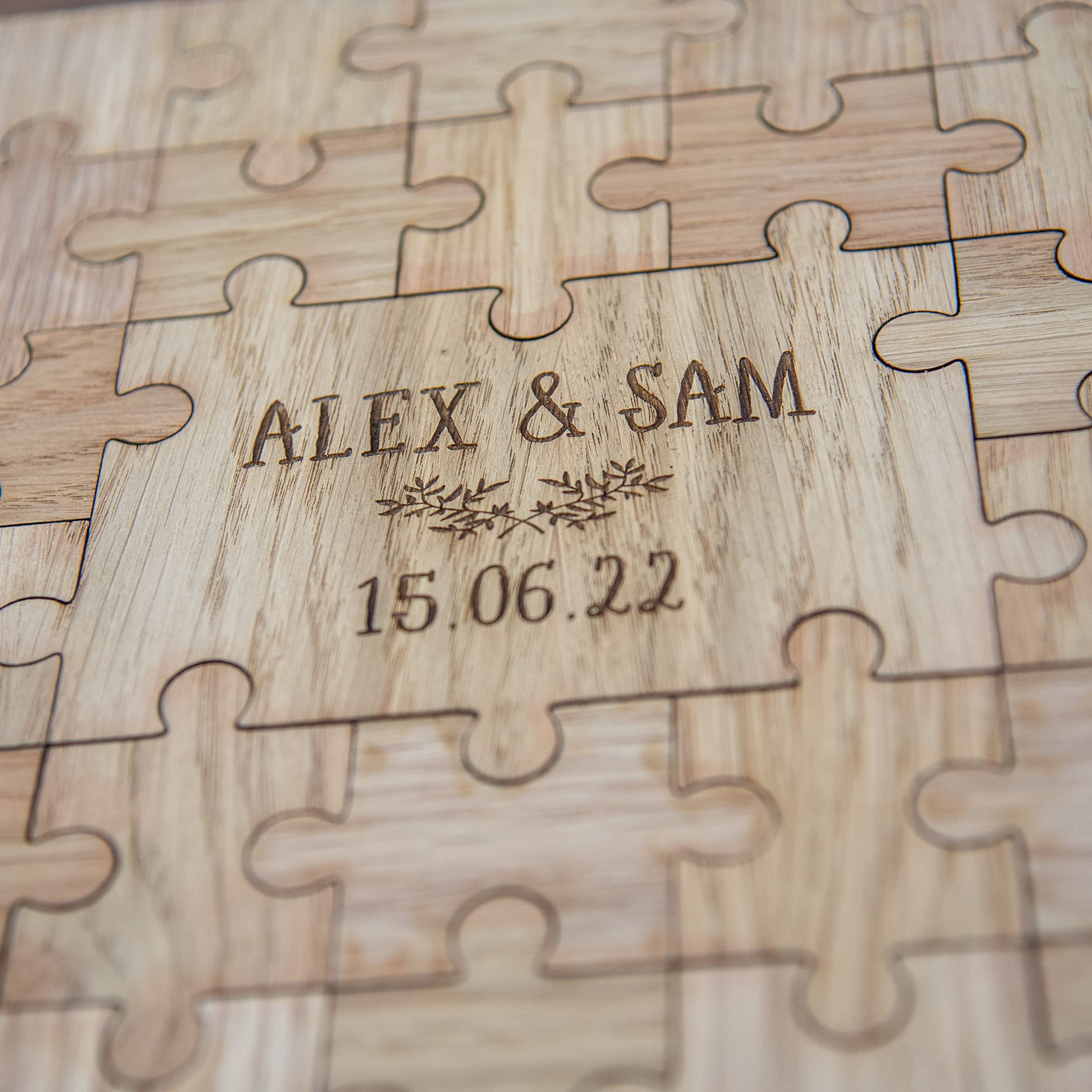 Wedding guest book alternative jigsaw puzzle personalized guestbook | laser engraved wooden pieces for party engagement reception anniversary (104 piece - Capital Letter Font)