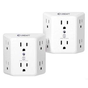 unidapt multi plug 6 outlet extender, 2 pack surge protector wall splitter, 1800j power strip 3 side wide spaced adapter multiple charger expander, mountable wall tap for office home travel etl listed