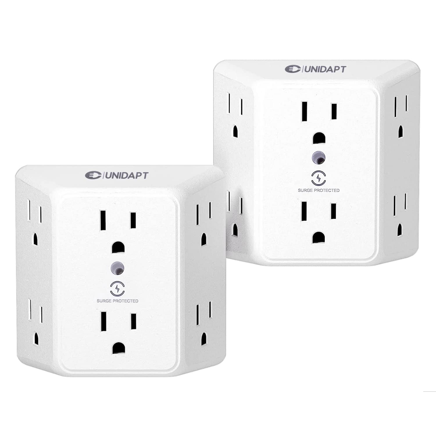 Unidapt Multi Plug 6 Outlet Extender, 2 Pack Surge Protector Wall Splitter, 1800J Power Strip 3 Side Wide Spaced Adapter Multiple Charger Expander, Mountable Wall Tap for Office Home Travel ETL Listed