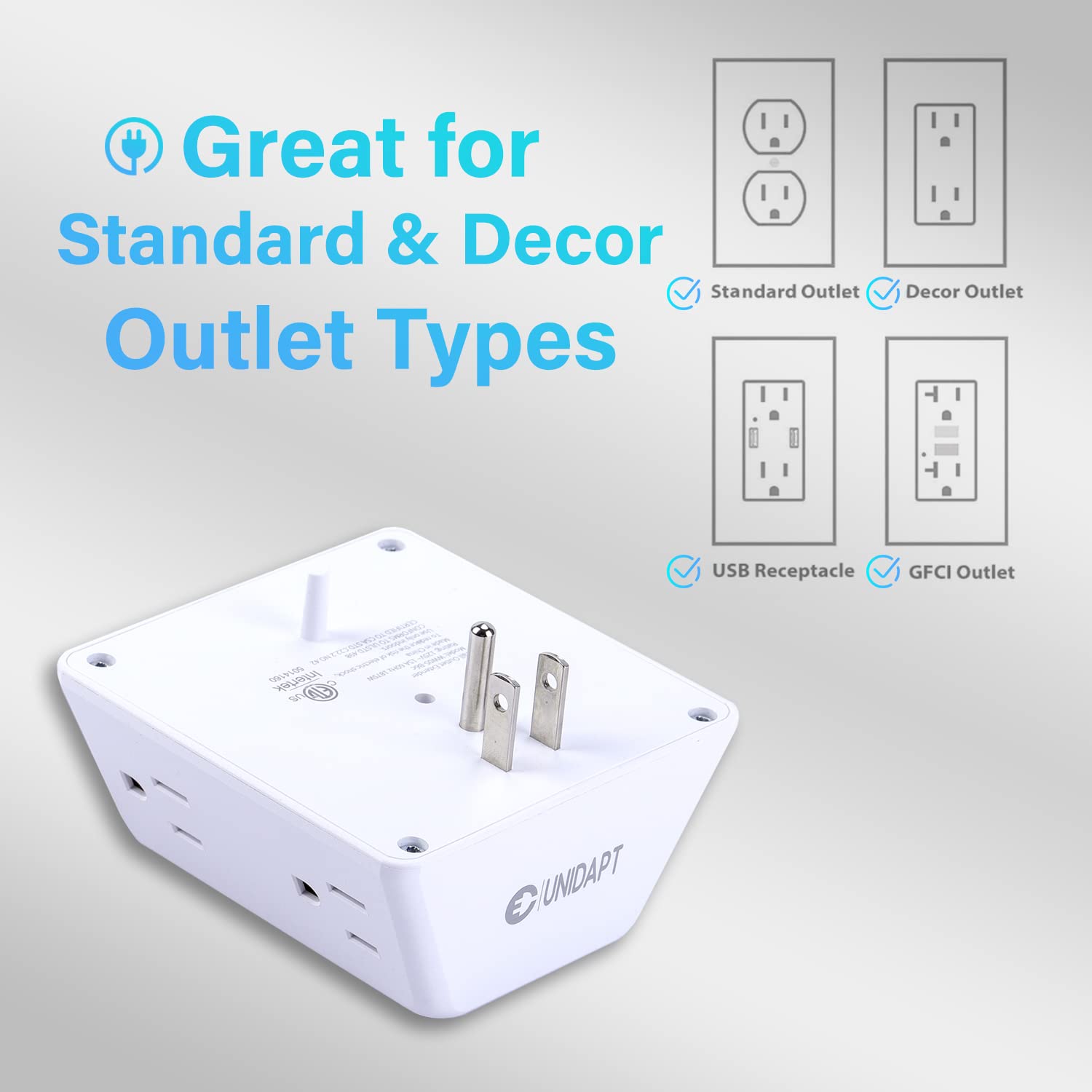 Unidapt Multi Plug 6 Outlet Extender, 2 Pack Surge Protector Wall Splitter, 1800J Power Strip 3 Side Wide Spaced Adapter Multiple Charger Expander, Mountable Wall Tap for Office Home Travel ETL Listed