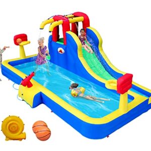 WELLFUNTIME Inflatable Water Park with Blower, Slide with Water Cannon and Double Basketball Rings