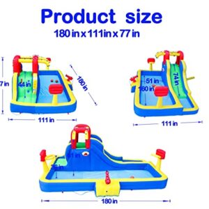 WELLFUNTIME Inflatable Water Park with Blower, Slide with Water Cannon and Double Basketball Rings