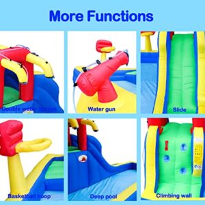 WELLFUNTIME Inflatable Water Park with Blower, Slide with Water Cannon and Double Basketball Rings