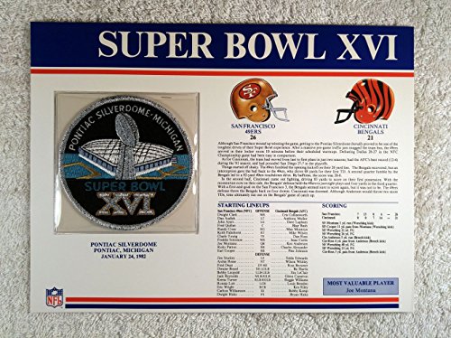 Super Bowl XVI (1982) - Official NFL Super Bowl Patch with complete Statistics Card - San Francisco 49ers vs Cincinnati Bengals - Joe Montana MVP