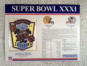 super bowl xxxi (1997) - official nfl super bowl patch with complete statistics card - green bay packers vs new england patriots - desmond howard mvp