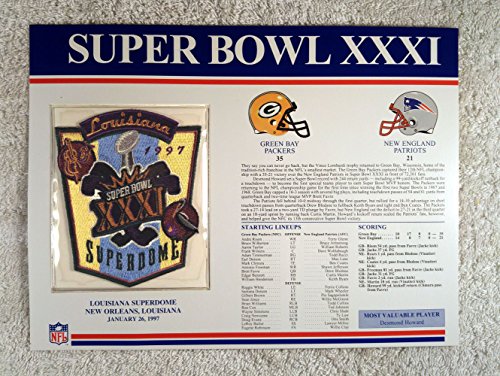 Super Bowl XXXI (1997) - Official NFL Super Bowl Patch with complete Statistics Card - Green Bay Packers vs New England Patriots - Desmond Howard MVP