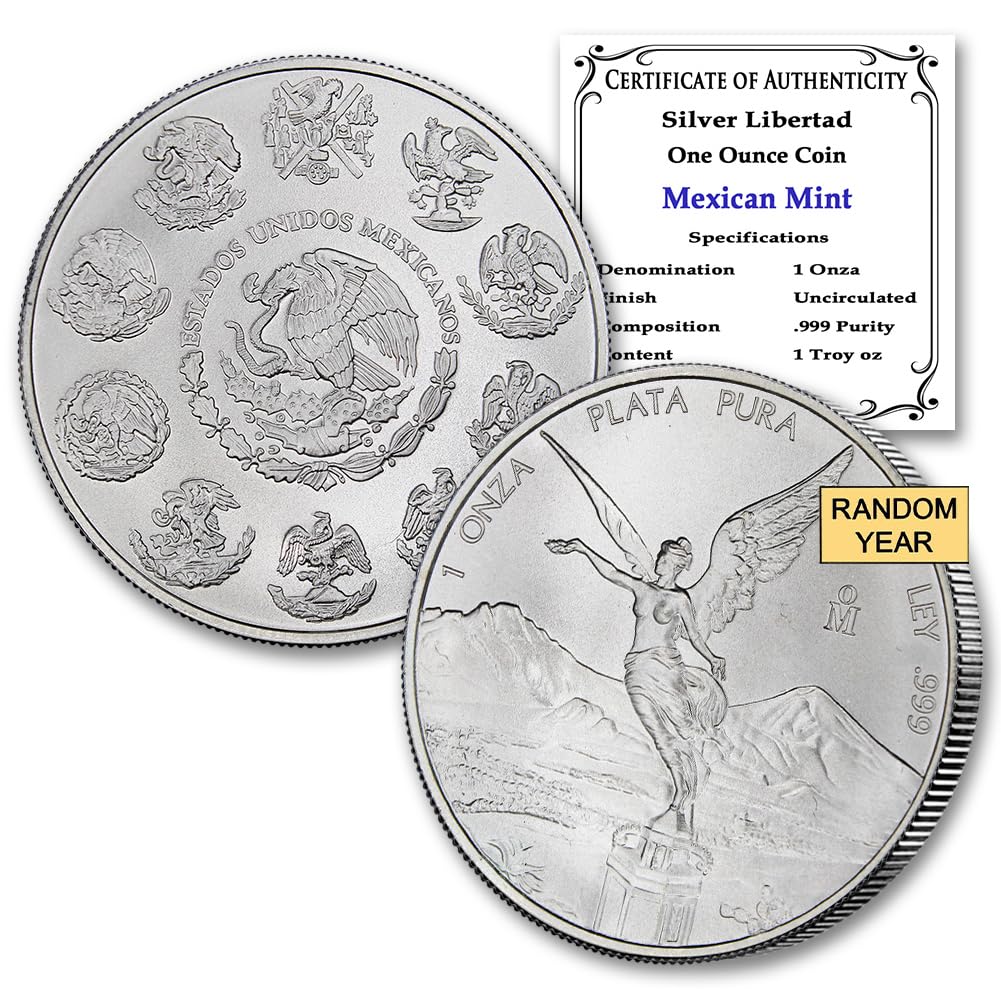 1982 - Present (Random Year) 1 oz Mexican Silver Libertad Coin Brilliant Uncirculated with Certificate of Authenticity - Moneda de Plata Pura de Ley 1 Onza BU