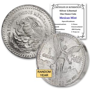 1982 - Present (Random Year) 1 oz Mexican Silver Libertad Coin Brilliant Uncirculated with Certificate of Authenticity - Moneda de Plata Pura de Ley 1 Onza BU