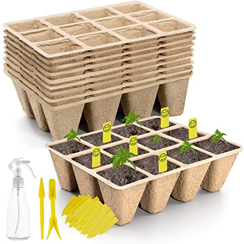 SYITCUN 100 Cells Seed Starter Tray, 10 Pack Seed Starter Kit for Planting Seeds,Biodegradable Peat Pots, Value Germination Kit with 100 Plant Labels, 2 Transplanting Tools, 1 Spray Bottle