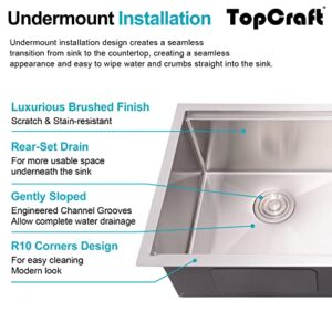 TopCraft Kitchen Sink Workstation Double Bowl 33-inch Undermount 16 gauge Kitchen Sink Stainless Steel Kitchen Sink with Integrated Ledge 60/40 Kitchen Sinks - HRO3319GSS