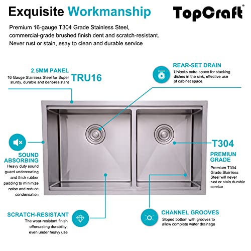 TopCraft Kitchen Sink Workstation Double Bowl 33-inch Undermount 16 gauge Kitchen Sink Stainless Steel Kitchen Sink with Integrated Ledge 60/40 Kitchen Sinks - HRO3319GSS