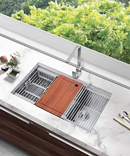 TopCraft Kitchen Sink Workstation Double Bowl 33-inch Undermount 16 gauge Kitchen Sink Stainless Steel Kitchen Sink with Integrated Ledge 60/40 Kitchen Sinks - HRO3319GSS