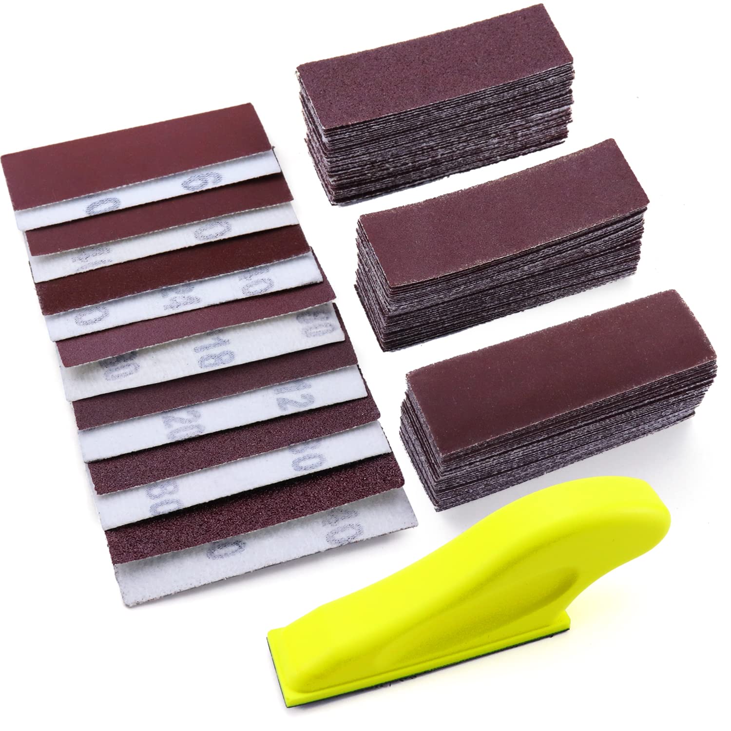 POLIWELL Micro Sanding Tools 3.5” x 1” Detail Sander for Small Projects, Mini Handle Sander Kit+ Sandpaper 40 80 120 180 240 400 600 Grit for Crafts Wood Finishing Tight Narrow Spaces, 120 PCS