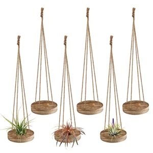 6 pcs hanging wooden air plant holder - 3" round wooden air plant hanger with jute ropes, rustic air plant stand tillandsia succulent display container for home office decor (plants not included)