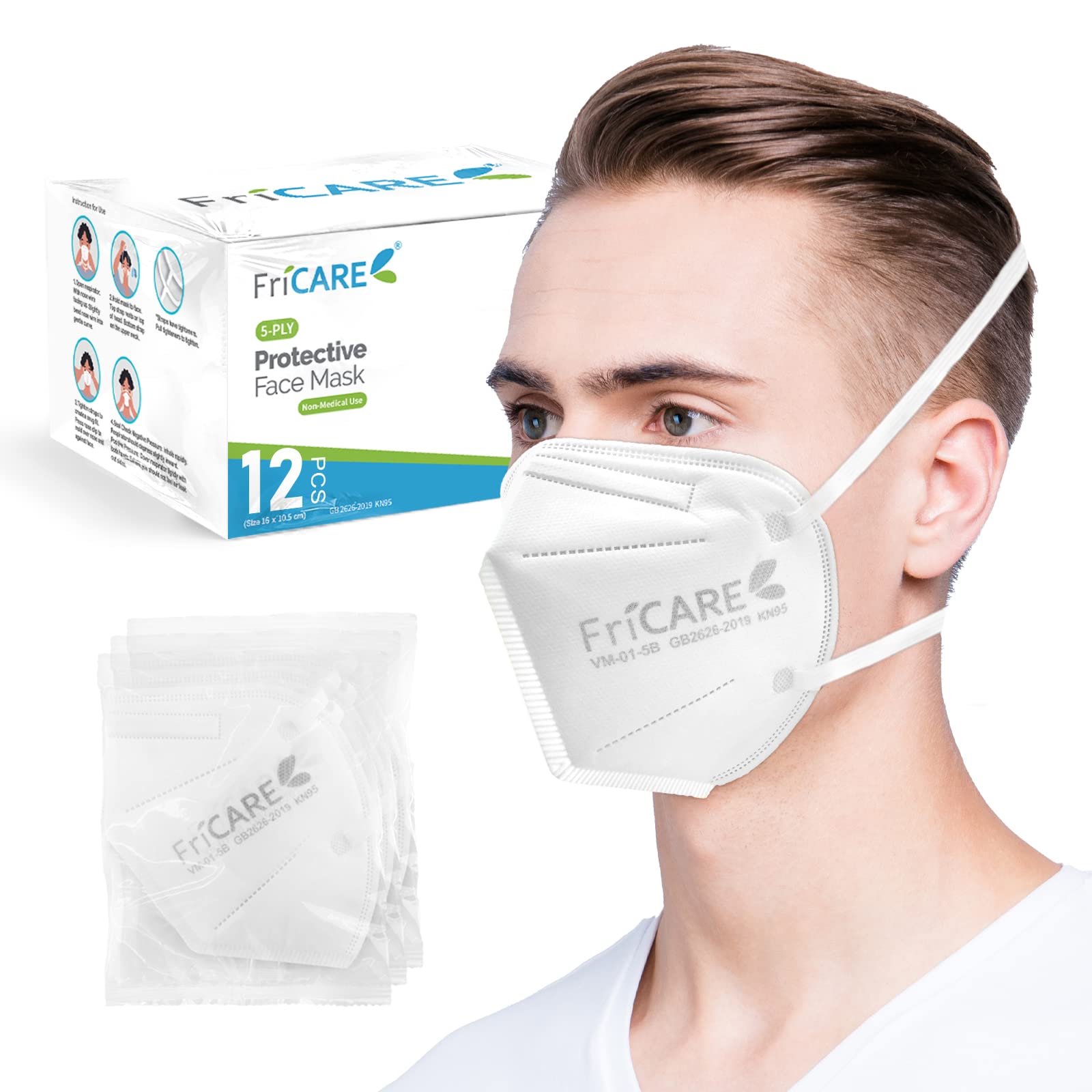 FriCARE KN95 Disposable Face Masks with Headband, 5 Layers Cup Dust Mask with Individual Wrap Against PM2.5 from Fire Smoke, Dust, for Men, Women, Essential Workers, White (12 Pack)