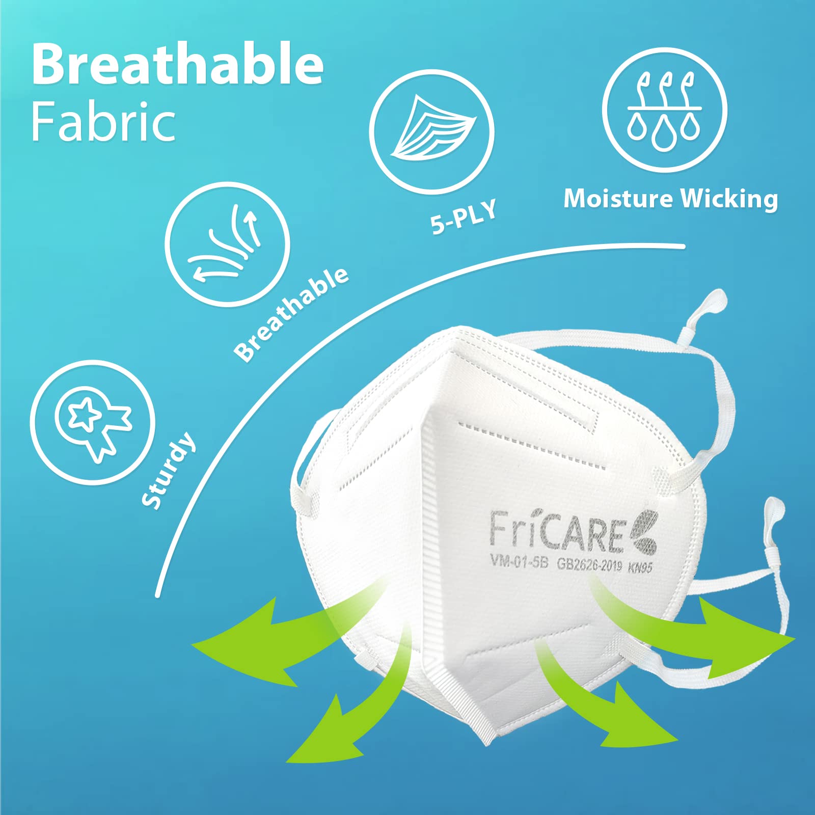 FriCARE KN95 Disposable Face Masks with Headband, 5 Layers Cup Dust Mask with Individual Wrap Against PM2.5 from Fire Smoke, Dust, for Men, Women, Essential Workers, White (12 Pack)