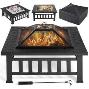 yaheetech 34in fire pit table outdoor wood fire pits fire pits for outside patio square steel stove with mesh screen, waterproof cover & poker for bonfire camping