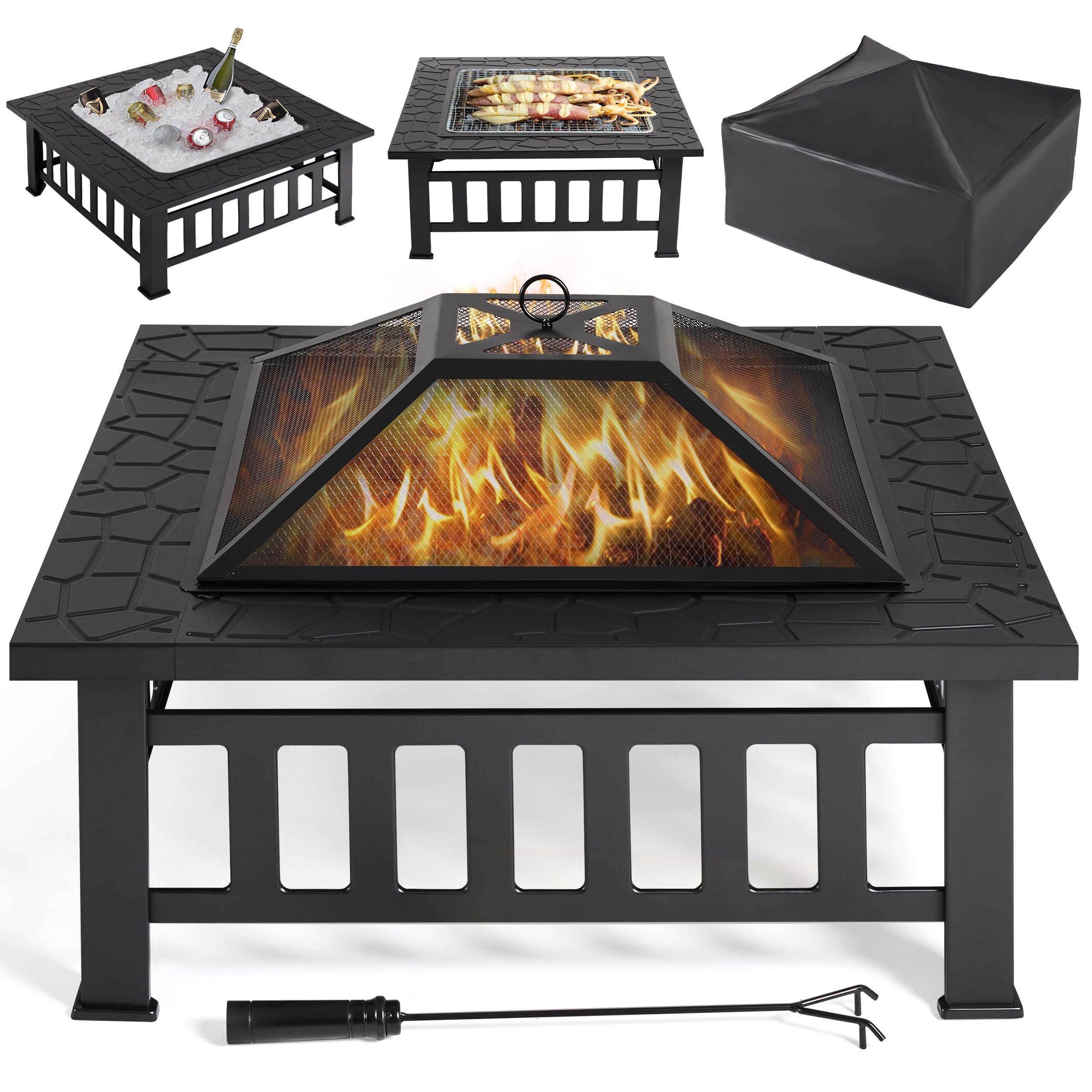 Yaheetech 34in Fire Pit Table Outdoor Wood Fire Pits Fire Pits for Outside Patio Square Steel Stove with Mesh Screen, Waterproof Cover & Poker for Bonfire Camping