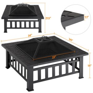 Yaheetech 34in Fire Pit Table Outdoor Wood Fire Pits Fire Pits for Outside Patio Square Steel Stove with Mesh Screen, Waterproof Cover & Poker for Bonfire Camping