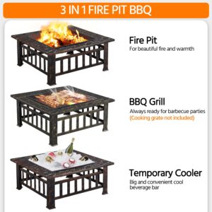 Yaheetech 34in Fire Pit Table Outdoor Wood Fire Pits Fire Pits for Outside Patio Square Steel Stove with Mesh Screen, Waterproof Cover & Poker for Bonfire Camping