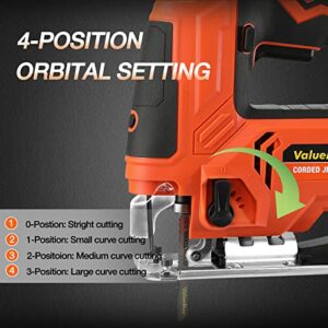 ValueMax Jig Saw, 6.5AMP Corded Electric Jigsaw with 6 Variable Speeds, 4-Position Orbital Setting, ±45° Bevel, Dust Blower and 6Pc Blades, Jigsaw Tool Kit for Wood, Metal and Plastic Cutting